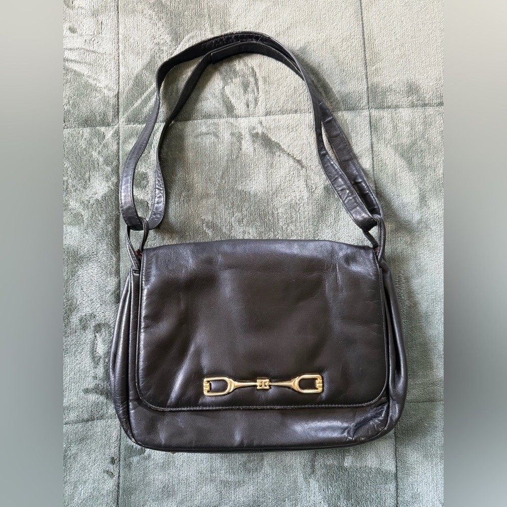 Vintage Ruth Saltz Black Leather Shoulder Bag with Gold Bit Accent